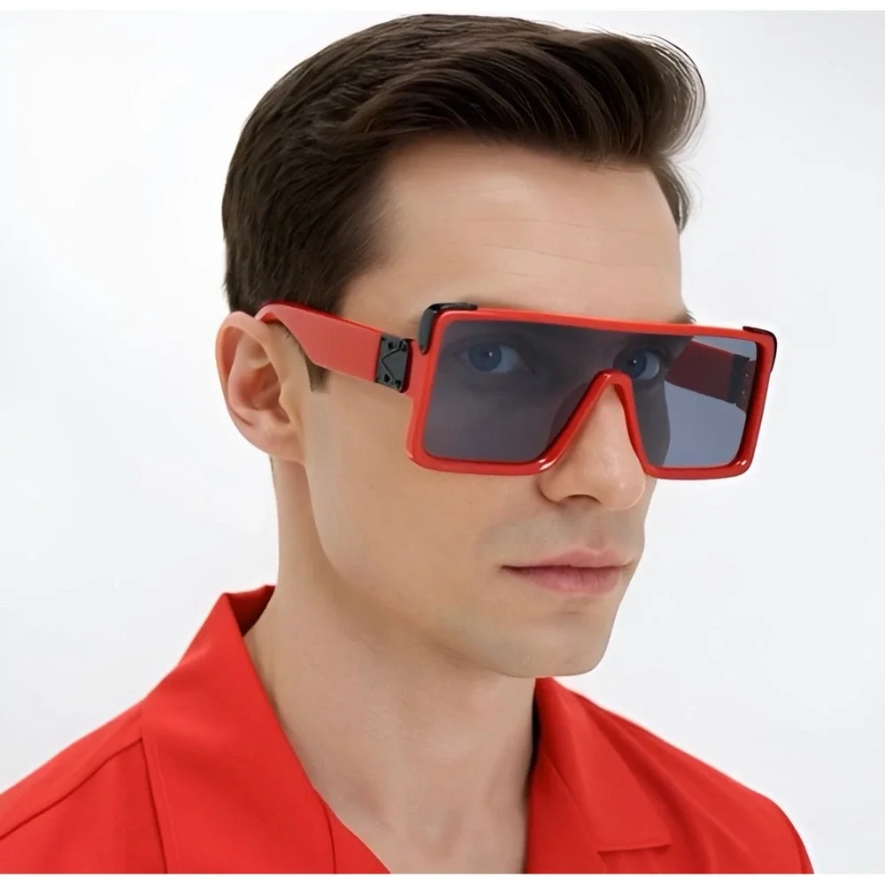 Mens Oversized Square Shield Sunglasses Red Flat Top Bold Fashion Shades Hip Hop